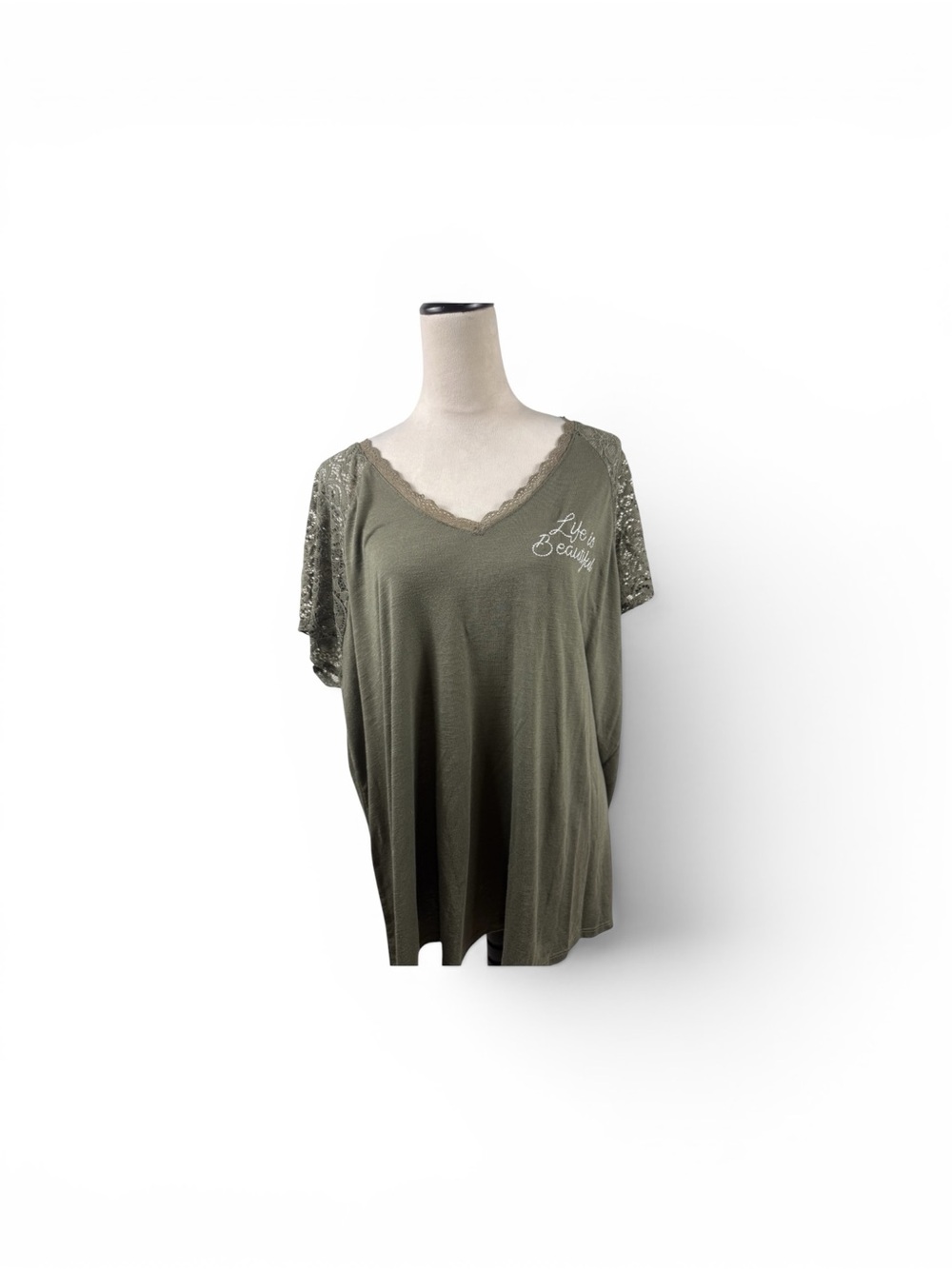 Olive Lace Sleeve V-Neck Top with “Life is Beautiful” size 4-4X/26